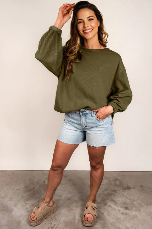 Horizontal Ribbed Exposed Seam Patchwork Sleeve Drop Shoulder Long Sleeve Top
